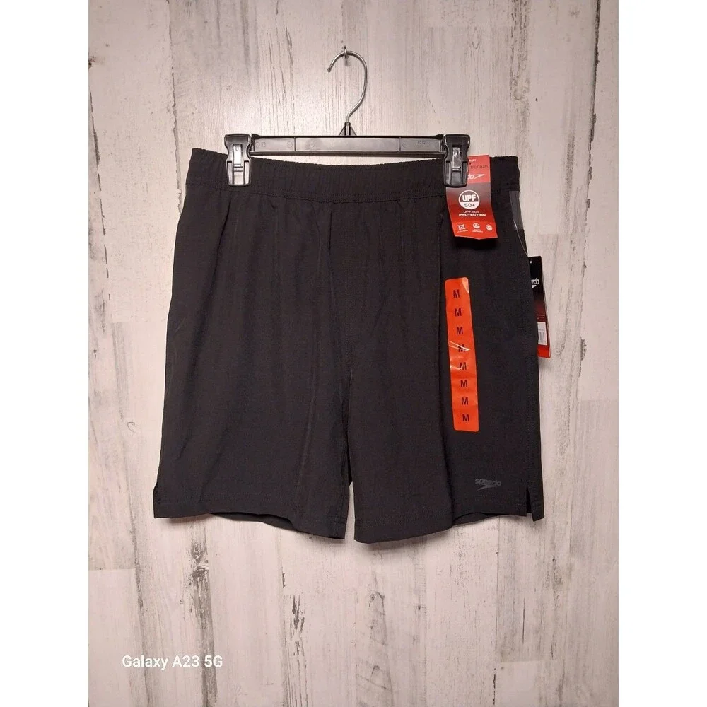 NEW! SPEEDO Tech Volley Stretch Swim Shorts Black-Gray Quick Dry size Medium